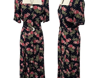Vintage 80s Floral Shirtdress Button Down Belted Maxi Union Made Black Pink XS