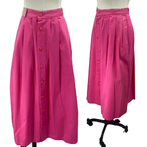 Vintage 80s Cotton Pleated Midi Skirt Button Front High Rise Pink NEW Womens 2/4