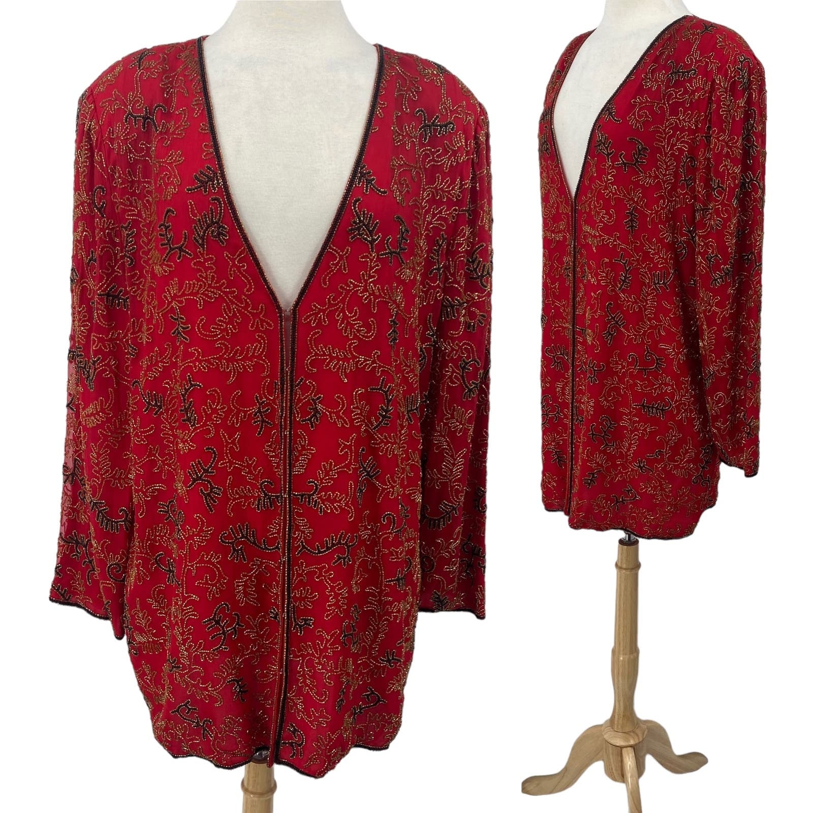 Vintage Scala Pure Silk Beaded Jacket Longline V Neck Red Black Gold NEW size 1X