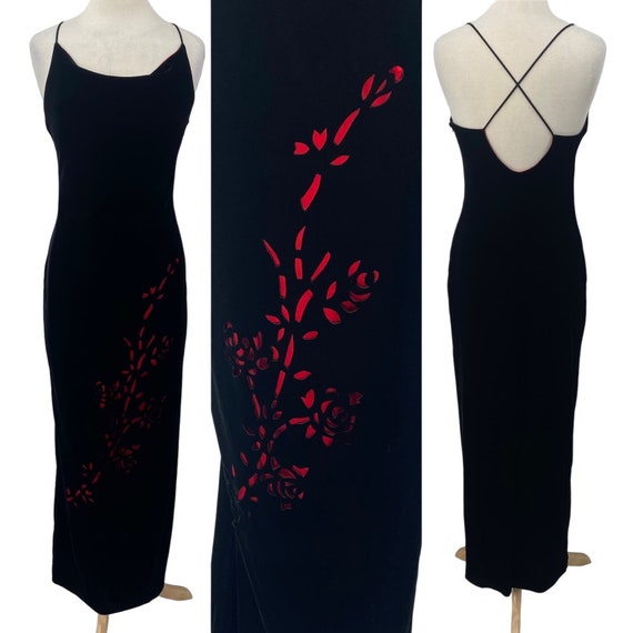 Vintage 90s Velvet Gown Floral Laser Cut Red Cowl… - image 1