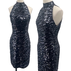 Vintage 90s Lillie Rubin Silk Sequined Mini Dress High Neck Sleeveless Black Metallic Womens size 8