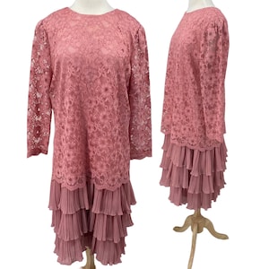 Vintage 80s Ruffled Tiered Hem Dress Drop Waisted Lace Bodice Pleats Pink 18