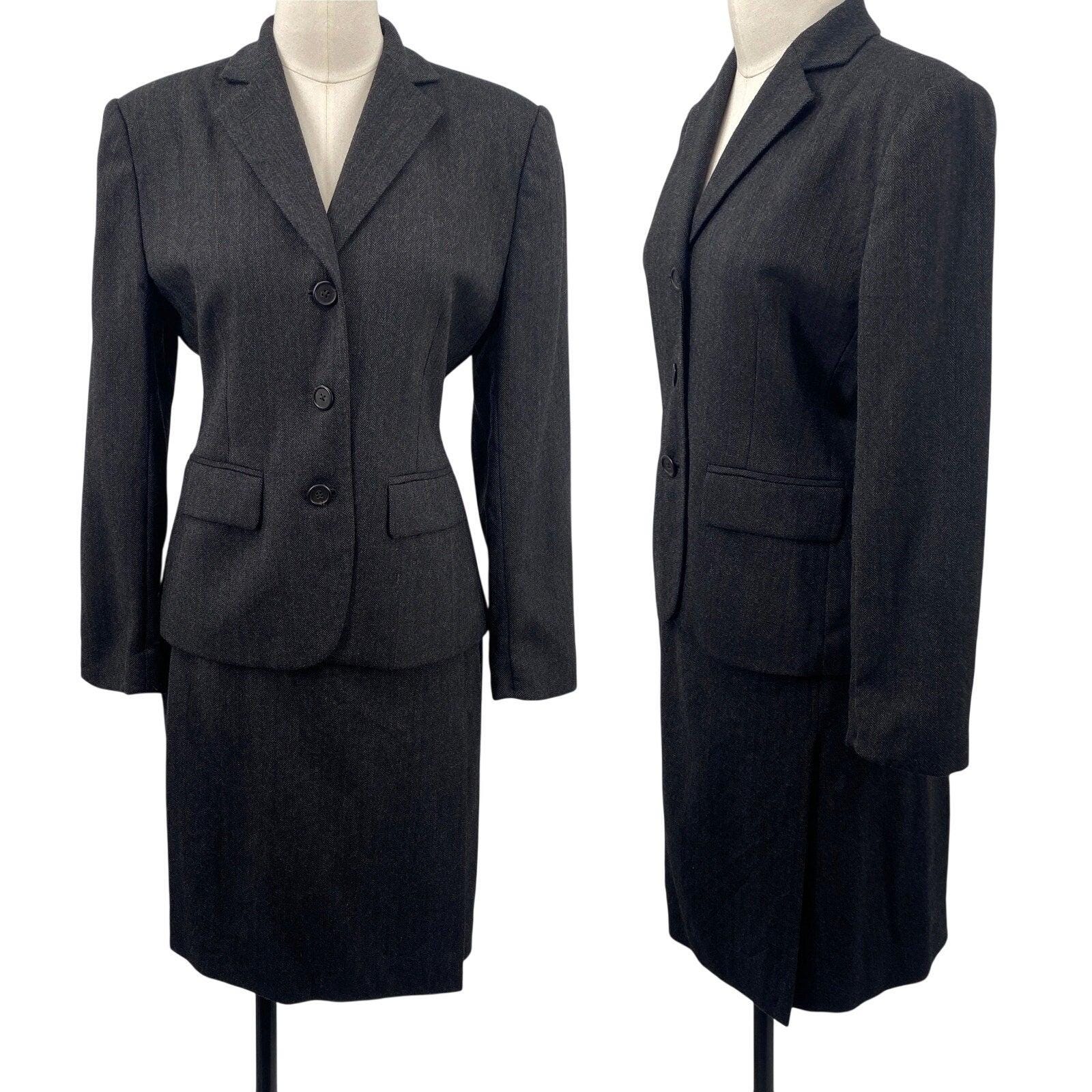 Lauren Ralph Lauren, Vintage Lauren Ralph Lauren Worsted Wool Skirt Suit 2 Piece Tailored Gray Womens