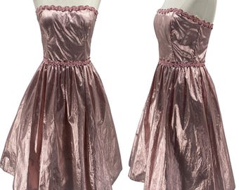 Vintage 80s 90s Gunne Sax Jessica McClintock Strapless Cocktail Dress Fit & Flare Metallic Pink Womens XS