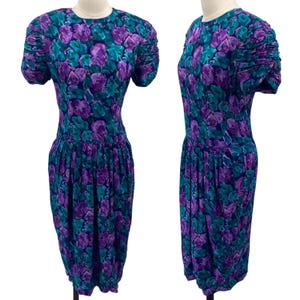 Vintage 80s Maggy London Silk Dress Ruched Sleeves Floral Printed Blue Womens 6