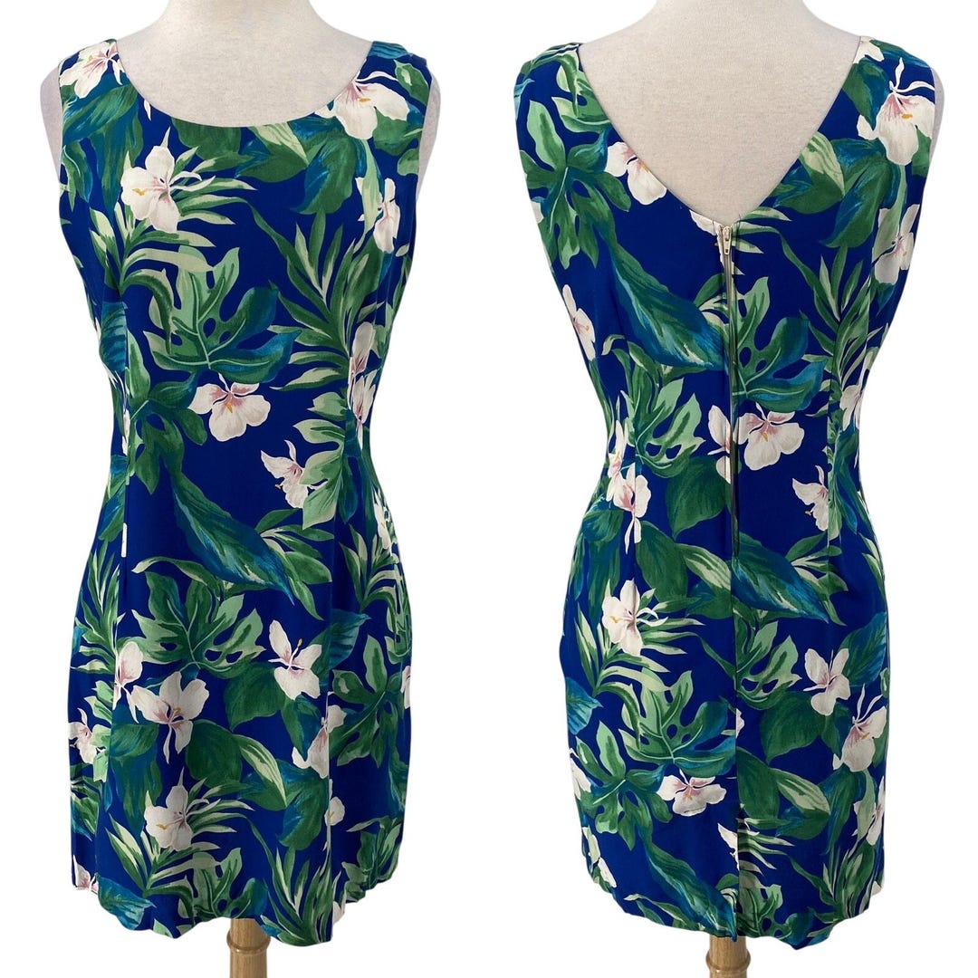 Vintage 90s Hawaiian Mini Dress Hibiscus Floral Palm Print Sleeveless ...