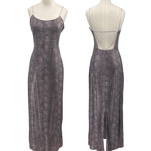 Vintage 90s Snakeskin Pattern Sequin Column Gown Strappy Open Back Purple XS