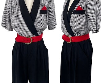Vintage 80s Romper Houndstooth Bodice Red Belted V Neck Surplice Black John Roberts Womens size 8