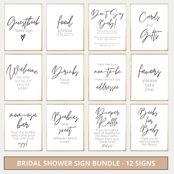 12 Baby Shower Signs Bundle, Printable, Signage Pack, Baby Shower Signs Set, Baby Shower Decor, Black and White, Calligraphy Signs Baby