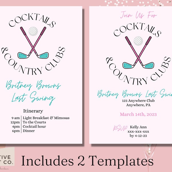 Cocktails and Country Clubs Invitation Template, Golf Bachelorette Invitation, Last Swing Bachelorette Invite, Itinerary Temp, Golf Bach