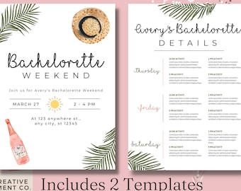 Summer Bachelorette Invitation Template, Tropical Beach Bachelorette Invitation, Beach Bachelorette Invite, Summer Itinerary, Miami Bach