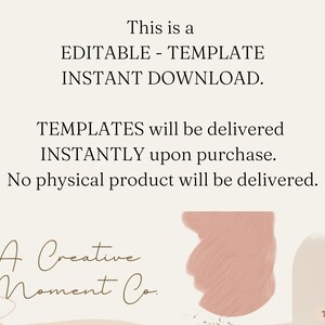 Puede incluir: Una descarga digital para una plantilla editable. El texto dice "Esto es una PLANTILLA EDITABLE DESCARGA INSTANT&Aacute;NEA. LAS PLANTILLAS se entregar&aacute;n INSTANT&Aacute;NEAMENTE al comprar. No se entregar&aacute; ning&uacute;n producto f&iacute;sico. A Creative Moment Co."
