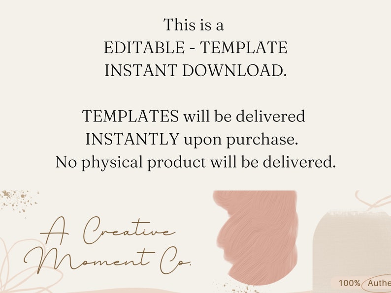 Puede incluir: Una descarga digital para una plantilla editable. El texto dice "Esto es una PLANTILLA EDITABLE DESCARGA INSTANT&Aacute;NEA. LAS PLANTILLAS se entregar&aacute;n INSTANT&Aacute;NEAMENTE al comprar. No se entregar&aacute; ning&uacute;n producto f&iacute;sico. A Creative Moment Co."