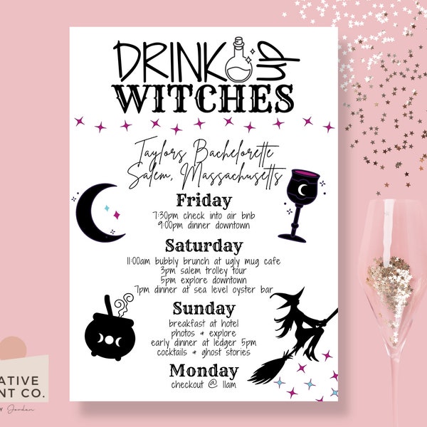Drink Up Witches Bachelorette Invitation Template, Salem Bachelorette Invitation,Witches Bride, Witch Bach, Skull Accessories, Black White