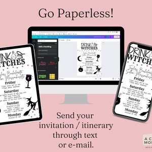 K&ouml;nnte beinhalten: Ein digitales Einladungsdesign mit dem Text "Drink Up Witches", das auf einem Tablet, Laptop und Smartphone angezeigt wird. Das Design zeigt ein Hexen-Thema mit Mond, Kessel und Hexe auf einem Besen. Die Einladung ist f&uuml;r einen Junggesellinnenabschied.