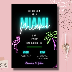 Puede incluir: Una invitaci&oacute;n negra y rosa ne&oacute;n para una despedida de soltera en Miami. La invitaci&oacute;n presenta un flamenco rosa ne&oacute;n, una palmera verde ne&oacute;n y el texto "Por favor, &uacute;nase a nosotros en Miami para la despedida de soltera de Jenn. Cu&aacute;ndo: del 4 al 7 de abril. RSVP Jessica antes del 7 de marzo 123-2X9-87X2. Itinerario a seguir."