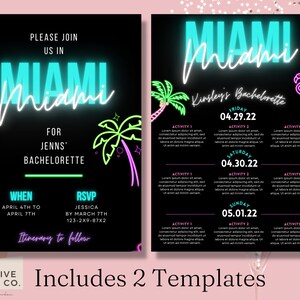 Puede incluir: Dos invitaciones imprimibles para despedida de soltera en rosa y azul ne&oacute;n con un dise&ntilde;o de flamenco y palmera. El texto de la invitaci&oacute;n dice "Miami" y "Despedida de soltera de Kirsley".