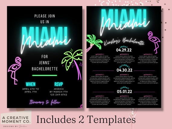 Miami Bachelorette Invitation Template, Miami Bachelorette Invitation, Beach Bachelorette Invite, Itinerary Temp, Abstract, Beach Bach