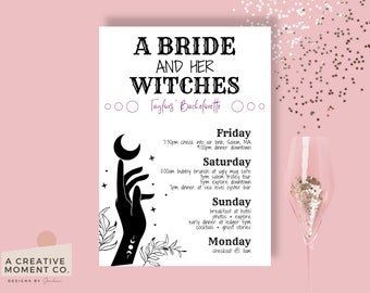 Plantilla de invitación de despedida de soltera de novia y sus brujas, invitación de despedida de soltera de Salem, novia de brujas, bruja Bach, novia bruja, blanco negro