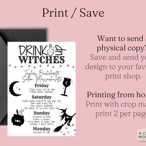 K&ouml;nnte beinhalten: Eine rosa Einladung mit dem Text "DRINK WITCHES" und einem Zeitplan f&uuml;r einen Junggesellinnenabschied in Salem, Massachusetts. Das Design enth&auml;lt Illustrationen zum Thema Hexen.