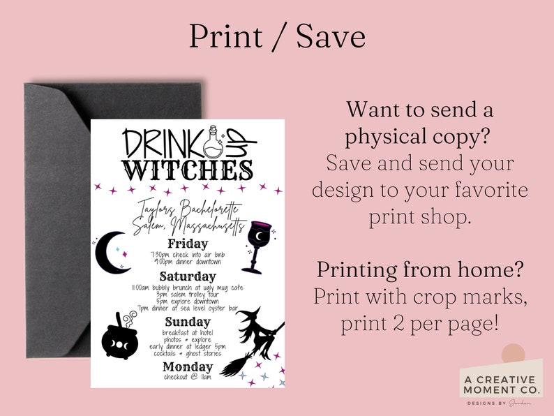 K&ouml;nnte beinhalten: Eine rosa Einladung mit dem Text "DRINK WITCHES" und einem Zeitplan f&uuml;r einen Junggesellinnenabschied in Salem, Massachusetts. Das Design enth&auml;lt Illustrationen zum Thema Hexen.