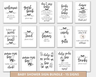 Baby Shower Signage Bundle, schwarz weiß Schleifen (Digitaler Download, 15 Schilder)