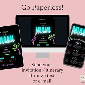 Puede incluir: Tres invitaciones digitales para una despedida de soltera en Miami. Las invitaciones presentan un letrero de Miami de ne&oacute;n rosa y azul con palmeras y flamencos. El texto en las invitaciones dice "Por favor, &uacute;nase a nosotros en Miami para la despedida de soltera de Jenn".