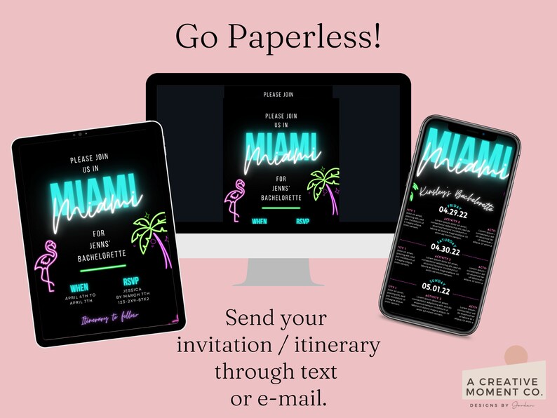 Puede incluir: Tres invitaciones digitales para una despedida de soltera en Miami. Las invitaciones presentan un letrero de Miami de ne&oacute;n rosa y azul con palmeras y flamencos. El texto en las invitaciones dice "Por favor, &uacute;nase a nosotros en Miami para la despedida de soltera de Jenn".