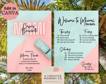 Plantilla de invitación para despedida de soltera en Miami: itinerario de playa abstracto (editable)