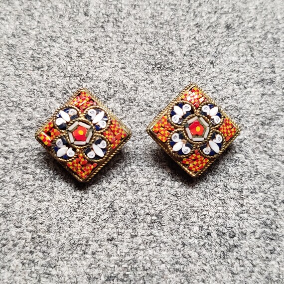 Vintage Micro Mosaic Clip On Earrings - image 4