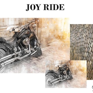 May include: A black motorcycle with chrome accents is parked in a cobblestone alleyway. The motorcycle has a large front tire and a long, chrome exhaust pipe. The image is in a vintage style, with a faded background and a soft focus.