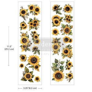 May include: Two vertical sheets of sunflower decals featuring various sizes of yellow flowers with dark brown centers and green leaves. The sheets measure 11.5 inches in height and 3.25 inches in width, displaying multiple floral arrangements.