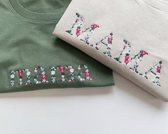 Floral mama Embroidered T-Shirt , Personalized Embroidered Tee with Mama Gift, Pregnancy Reveal T-shirt Gift For New Mom, Mother's Day Gift