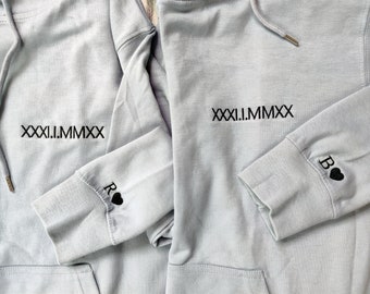Custom Embroidered Roman Numeral Sweatshirt Hoodies, Couple Shirt, Initial On Sleeve, Anniversary, Personalized Date Hoodie, Gift for him