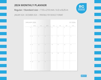 2024 MONTHLY PLANNER  Regular/Standard size, Wo2P, Printable, Insert, Printable Notebook, Week on two pages, Travelers Notebook Insert