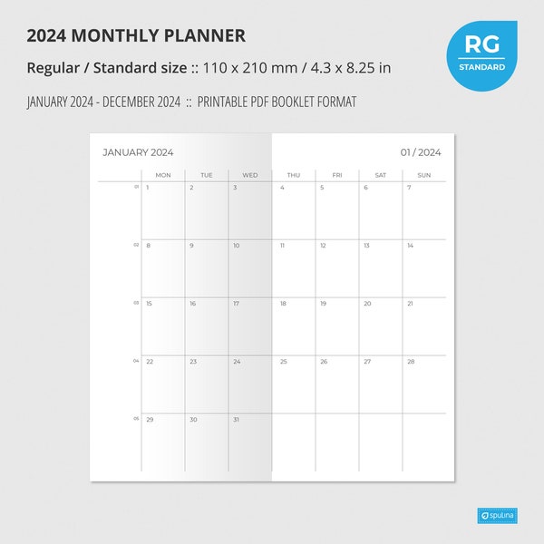 2024 MONTHLY PLANNER  Regular/Standard size, Wo2P, Printable, Insert, Printable Notebook, Week on two pages, Travelers Notebook Insert