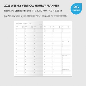 Puede incluir: Un planificador horario vertical semanal de 2026, tamaño estándar de 110 x 210 mm. Cubre de enero a junio y de julio a diciembre de 2026. Formato de folleto PDF imprimible. Incluye espacios horarios y para notas.