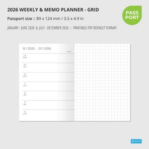 2026 WEEKLY MEMO GRID Planner Passport size, Wo2P, Printable, Insert, Printable Notebook, Week on two pages, Travelers Notebook Insert