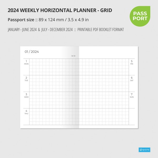 2024 WEEKLY HORIZONTAL GRID Passport size, Wo2P, Printable, Insert, Printable Notebook, Week on two pages, Travelers Notebook Insert