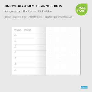 2026 WEEKLY MEMO DOTS Planner Passport size, Wo2P, Printable, Insert, Printable Notebook, Week on two pages, Travelers Notebook Insert