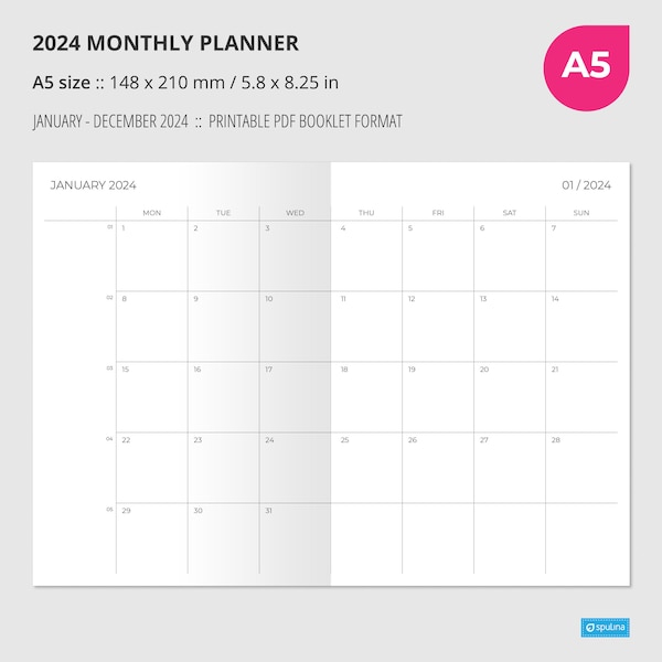 2024 MONTHLY PLANNER A5 size, Wo2P, Printable, Insert, Printable Notebook, Week on two pages, Travelers Notebook Insert