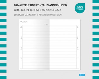 2024 WEEKLY HORIZONTAL LINED Planner Wide / Cahier L size, Wo2P, Insert, Printable Notebook, Week on two pages, Travelers Notebook