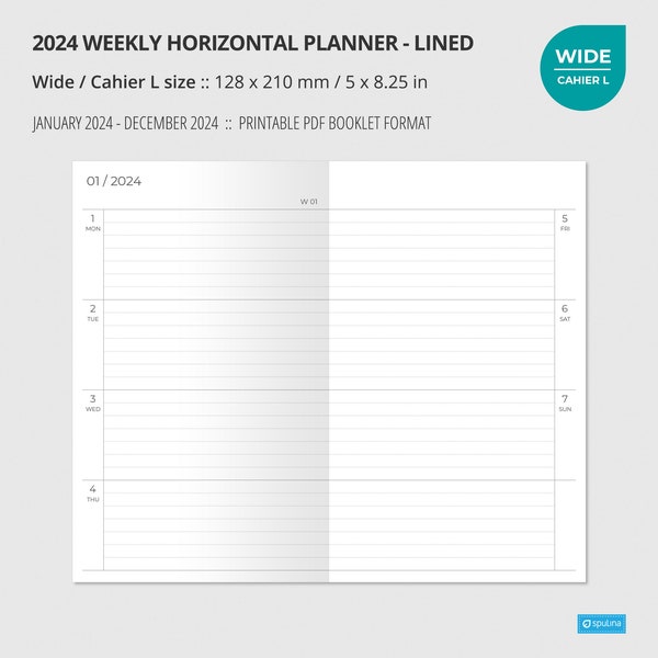 2024 WEEKLY HORIZONTAL LINED Planner Wide / Cahier L size, Wo2P, Insert, Printable Notebook, Week on two pages, Travelers Notebook