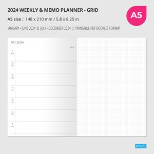 2024 WEEKLY MEMO GRID Planner A5 size, Wo2P, Printable, Insert,  Printable Notebook, Week on two pages, Travelers Notebook Insert