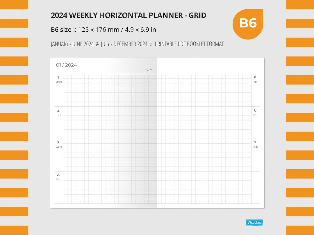 2024 WEEKLY HORIZONTAL GRID Planner B6 Size, Wo2p, Printable, Insert ...