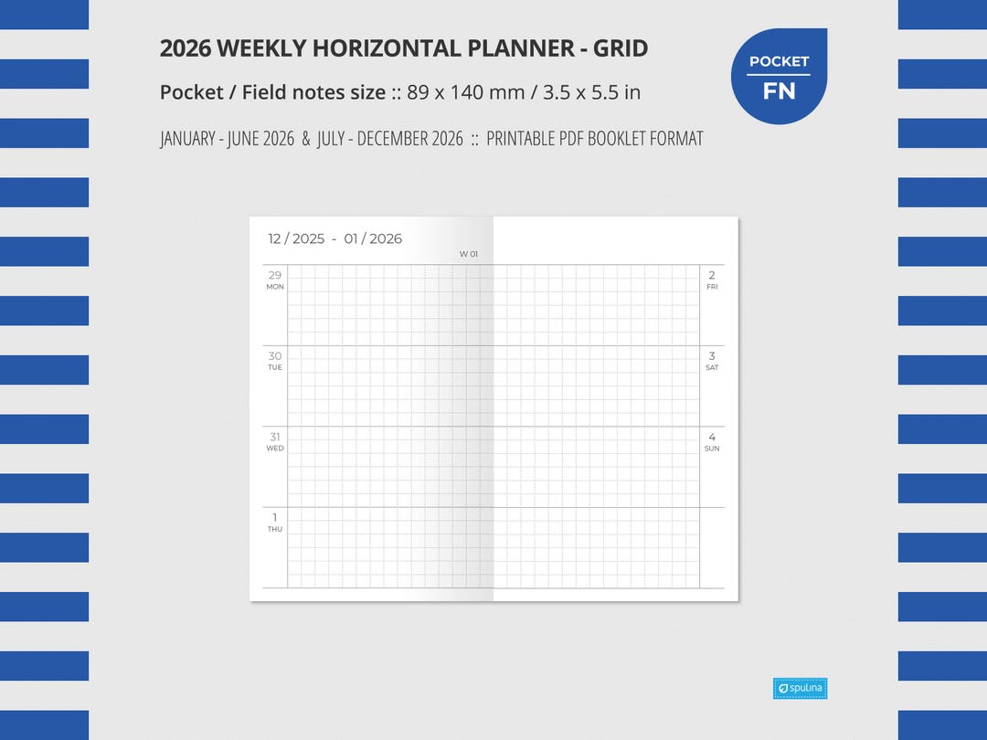 Field Note Size Project 2026 WEEKLY HORIZONTAL GRID Pocket / Field Notes Size, Wo2p, Printable ...