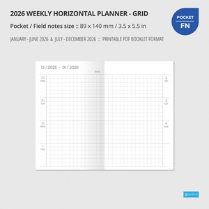 May include: A white 2026 weekly horizontal planner with a grid layout. The planner is 8.9 x 14 cm and includes January-June and July-December 2026. The text "POCKET FN" is in a blue circle.