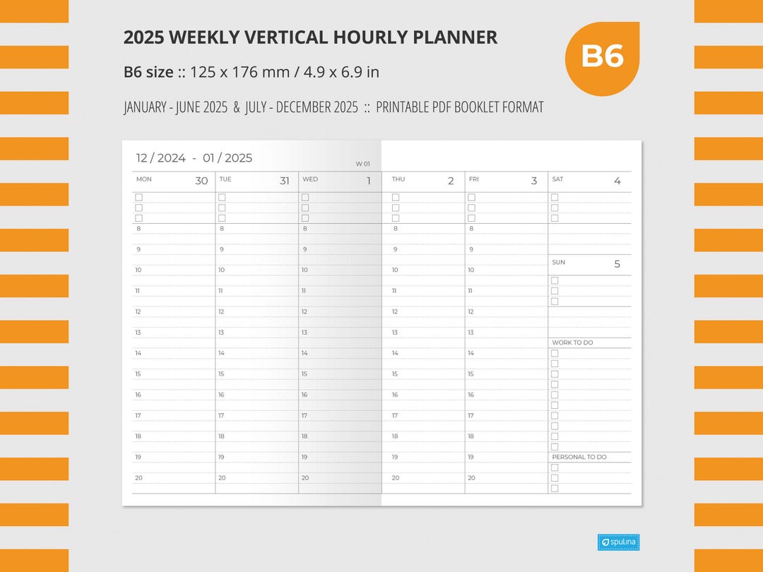2025 WEEKLY VERTICAL HOURLY Planner B6 Size, Wo2p, Printable, Insert ...