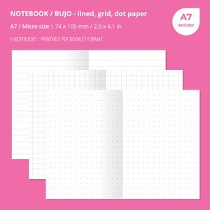 以下が含まれることがあります： A7サイズのノート6冊。罫線、方眼、ドットの3種類の紙が用意されています。各ノートのサイズは74 x 105 mmです。