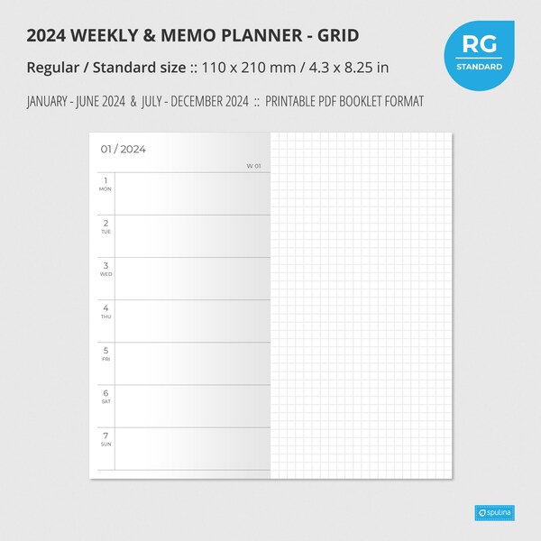 2024 WEEKLY MEMO GRID Agenda, taille normale/standard, Wo2P, intercalaire, carnet imprimable, semaine sur deux pages, intercalaire pour carnet de voyage